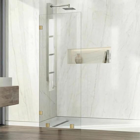 Fixed Shower Glass Panel, 34" W 80" H Frameless Glass Shower Panel with Clamps, 3/8(10mm) inch Thick Clear Tempered Glass Shower Door, Shower Screen for Walk in Shower, Satin Brass