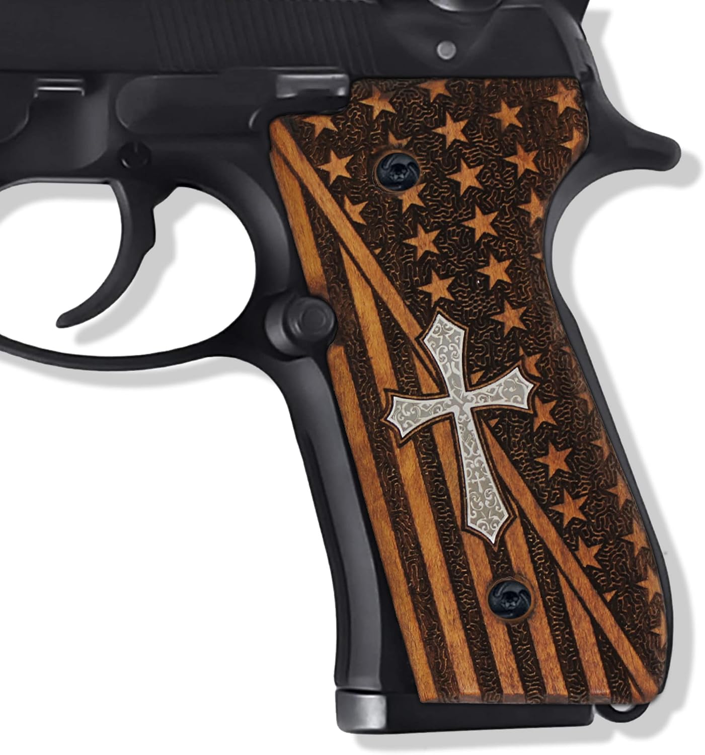 Mammoth Beretta 9296 Full Size Wood Grips, Super Quality CNCHandcrafted Hybrid American Flag and Christian Cross Gun Grips - Premium Pistol Grip Accessories for Models, BROWN SILVER