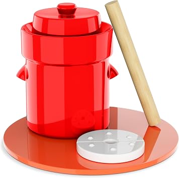 Humble House Fermentation Crock 1/2 Gallon Sauerkrock Sauerkraut Crock with Lid Weights & Pounder - Red Ceramic Fermenting Crock Kit for Pickling Cabbage Kimchi Vegetables 2 Liter Fermentation Jar
