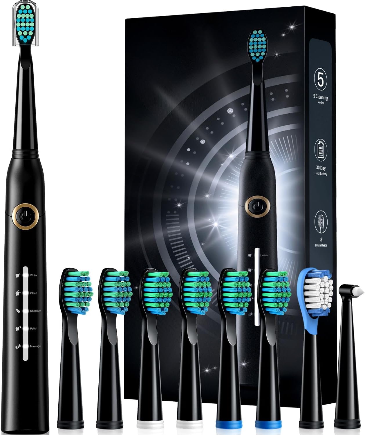 Electric Toothbrush, Sonic Toothbrushes with 8 Brush Heads 40000 VPM 5 Modes, Sonic Toothbrushes Fast Charge 4 Hours Last 30 Days Black