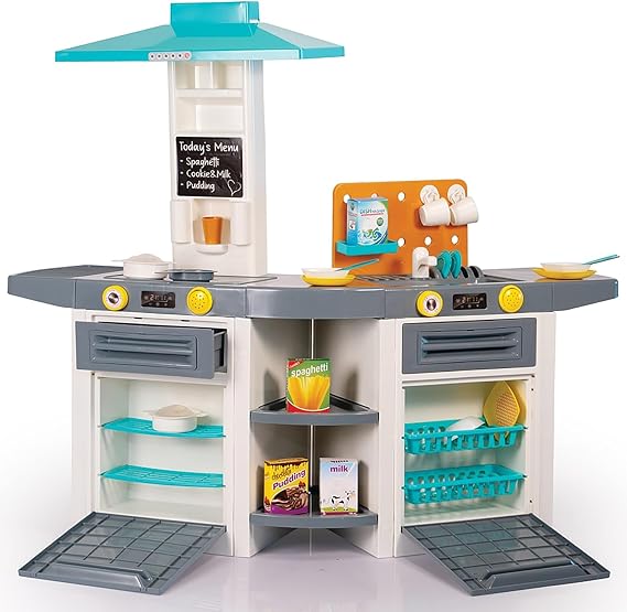 DOLU: XL Kitchen Set - Green-Yellow-Gray - 37pc Toy Cooking Center, Sounds Stove-Oven-Dishwasher Appliance Pretend Play, Dish-Food Accessories, Kid 3+