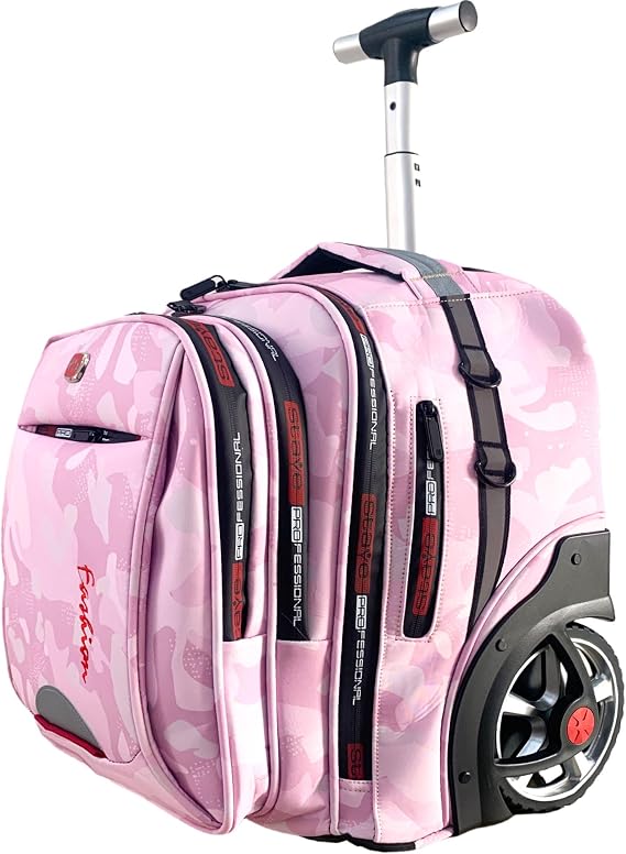 22 Inch Travel Rolling Backpack with Wheels for Women, Large Wheeled Backpacks with Large Capacity, Roller Bag with Laptop Waterproof Compartment (Pinkish)