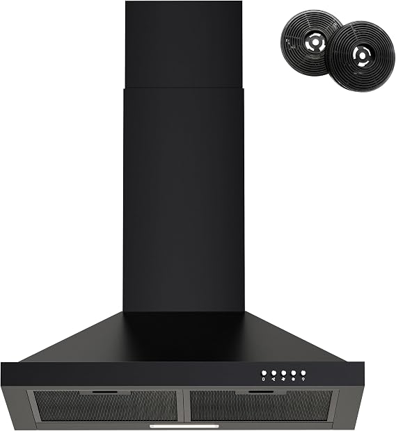 FIREGAS Range Hood 24 inch Wall Mount Type with Ducted/Ductless Convertible,450 CFM Stainless Steel Chimney-Style Kitchen Hood, Over Stove Vent Hood with 3 Speed Fan,Charcoal Filters,Black