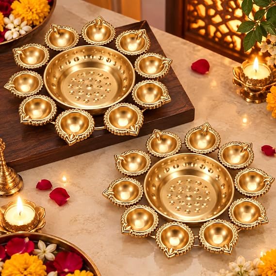 TIED RIBBONS Set of 2 Diya Shape Metal Urli Bowls, Iron Floating Candle Holder for Diwali Decor, Pooja Room, Ganesh Chaturthi Decoration, Wedding Gifts, Indian Home Decor, Navratri