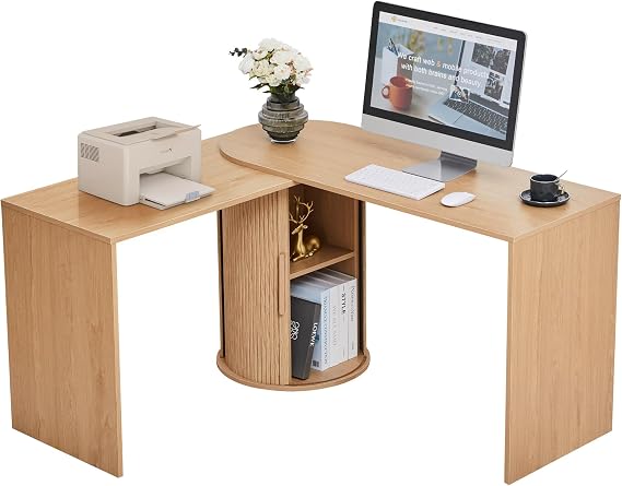 Fluted Computer PC Desk Table with Storage, Boho Corner L Shaped Desk with Storage for Small Space, Modern Home Office Desk for Bedroom, for Writing, Executive, Study, Work - Natural