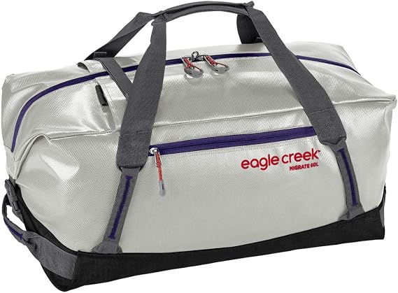 Eagle Creek Migrate 60L Travel Backpack Duffle Bag with Tuck-Away Backpack Straps, Full-Access Wide Mouth Opening & Seamless Bottom Bathtub Construction, Silver