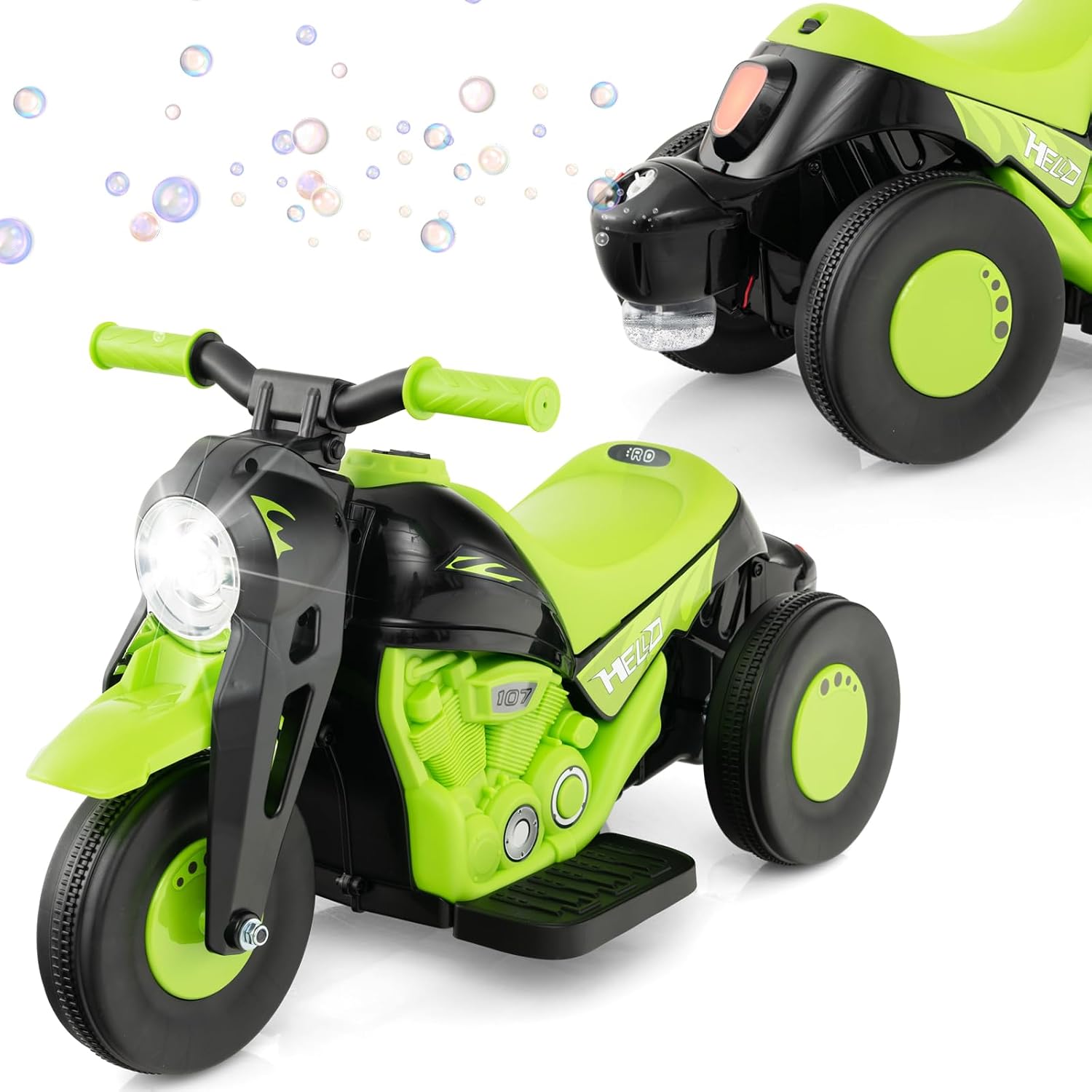 COSTWAY 6V Kids Ride on Motorcycle, Electric Toy Car with Bubble Maker, LED Headlight, Forward & Backward Switch, Battery Powered Motorbike for Boys Girls Green