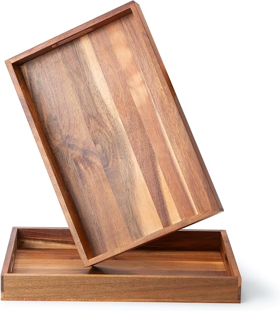 Wood Serving Tray with Handles Set of 2, Decorative Breakfast Tray Platter, Food Drinks Tray for Eating, Working, Storing, Coffee Table Used in Bedroom, Kitchen, Ottoman, Living Room, Bathroom
