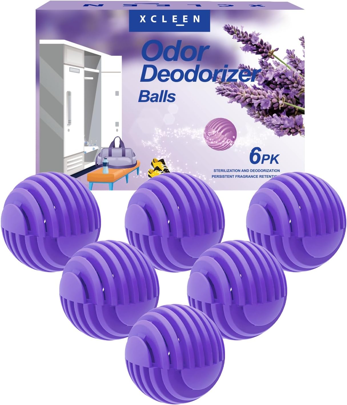Xcleen Shoe Deodorizer Balls Lavender 6 Pack, Natural Essential Oil Long Lasting Sneaker Odor Eliminator, Small Spaces Air Freshener for Car Gym Bags, Drawers and Locker