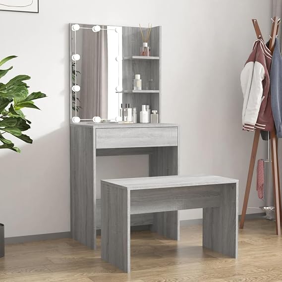 Dressing Table Set with LED Grey Sonoma Engineered Wood,Dressing Table with LED Lights, Vanity Table with Brightness Mirror, Makeup Desk with Drawers and Open shelves, Wooden Modern Bedroom Dres