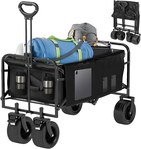 Folding Wagon Cart, Heavy Duty 330 LBS Capacity Collapsible Utility Wagon with All-Terrain Wheels & Brakes, 100L Large Capacity Portable Outdoor Wagon for Camping, Grocery, Shopping, Garden, Beach