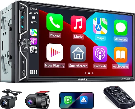 SJoyBring 7" QLED Double Din Car Stereo Compatible with Wireless Apple CarPlay & Android Auto, 240W 4.2CH Dual Subwoofer Out, Dash Cam & Backup Camera Included, Bluetooth, Mirrorlink, FM/AM Car Radio