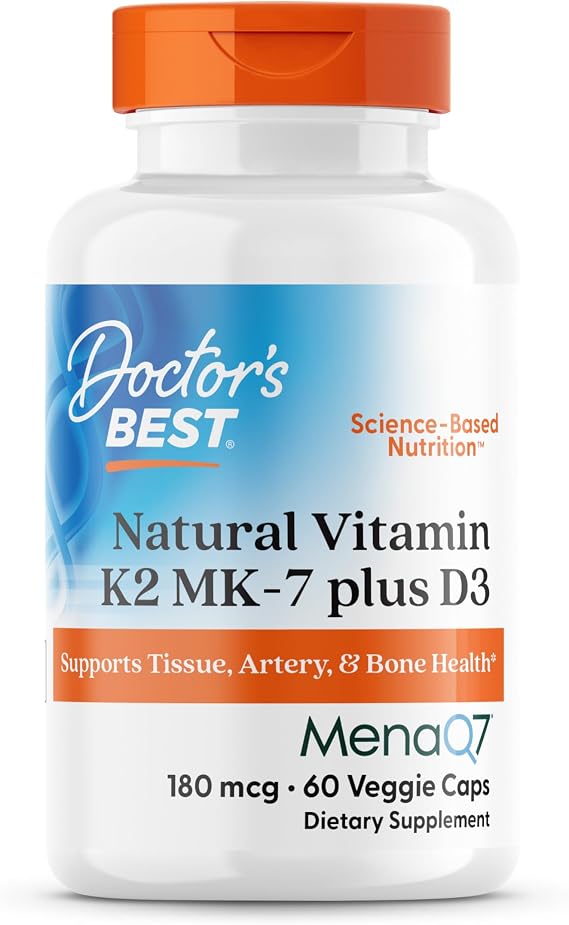Doctor's Best Natural Vitamin K2 MK-7 Plus D3 - VIT D3 and K2 MK7 Supplement for Men & Women, Supports Tissue, Artery, Bone Health, Non-GMO, Gluten Free, Soy Free, Vegetarian - 60 Veg Caps