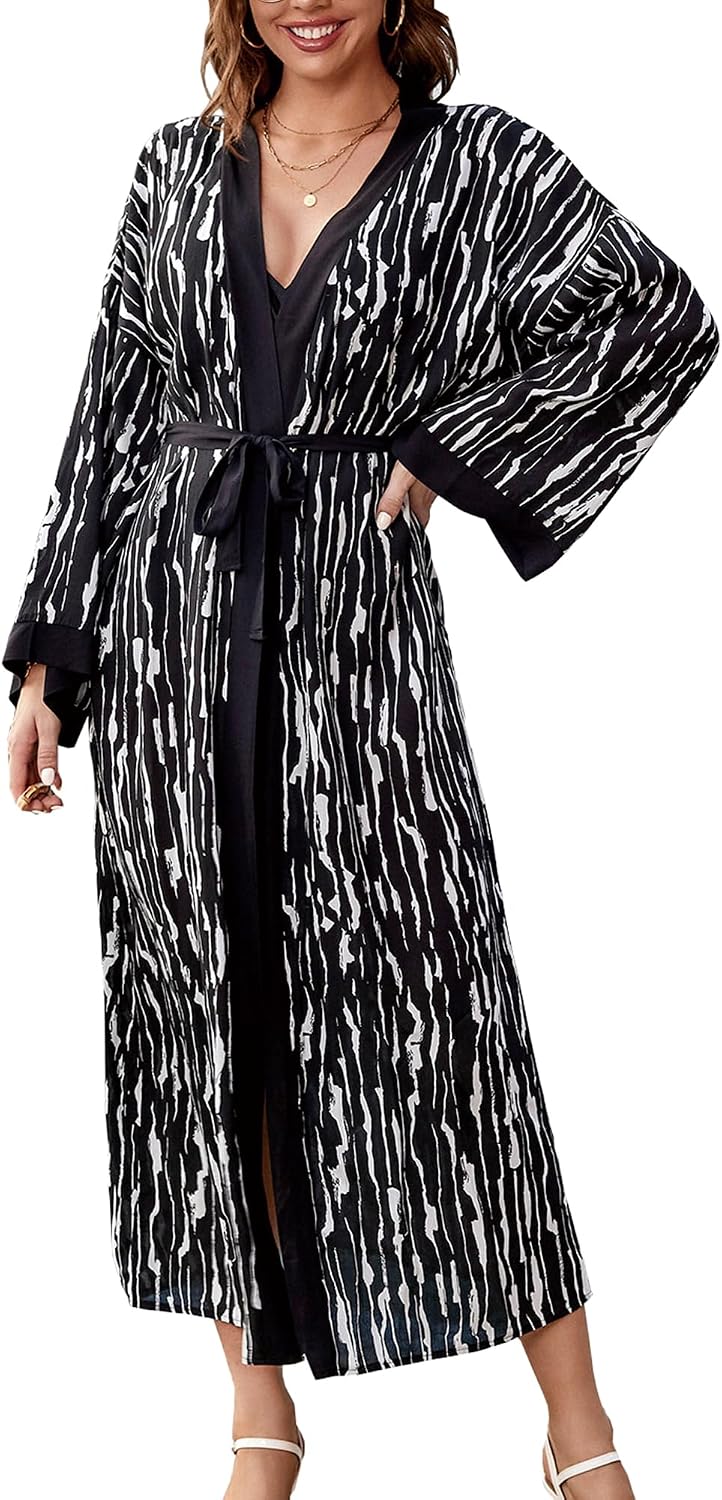 Chunoy Women Long Kimono Cardigan Open Front Bathing Suit Dress Lightweight Beach Cover Up