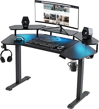 EUREKA ERGONOMIC Gaming Desk, Standing Desk w Keyboard Tray, 72 Wing Shaped Music Studio Table with LED Shelves, Gaming Recording Live Stream, Slot Design