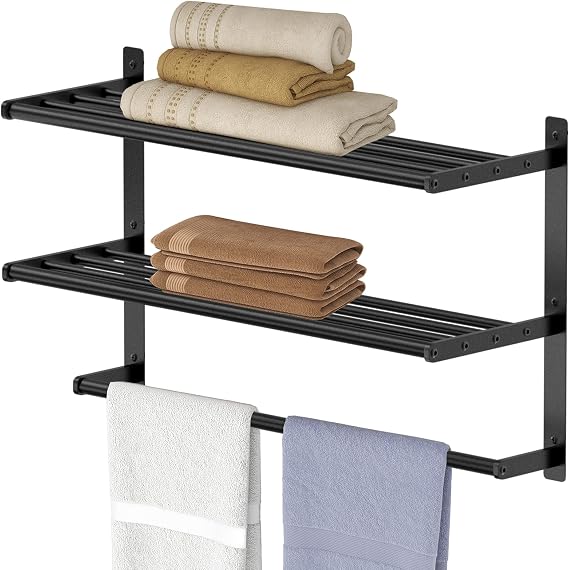BETHOM 3 Tier Towel Rail & Shelf Wall Mounted Rustproof Metal 60CM/24"
