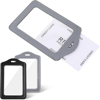 Leather ID Badge Holders, Vertical Card Holders with Double-Side Clear Window Transparent Name ID Suit for Office Staff Students EmployeeBlack and Gray