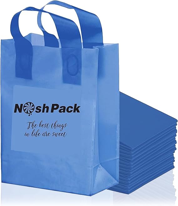 NOSH PACK 100 Pack Blue Clear Tote Gift Bags with Handles Frosted Reusable Medium Party Favor Bags for Events, Shopping, Treats, and Small Business Packaging