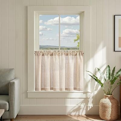 jinchan Striped Linen Kitchen Curtains 24 Inches Length Tier Curtains Farmhouse Modern Cafe Style Small Window Treatments Airy Light Filtering Rod Pocket for Living Room Bathroom 2 Panels Tan