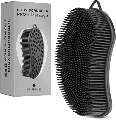 MainBasics Silicone Body Scrubber Dual-Sided Shower Loofah and Massaging Nodes Black, Massage