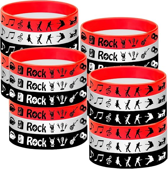 48PCS Rock and Roll Rubber Bracelets Silicones Wristbands -80s 90s Themed Musician Guitar Rap Party Supplies Decorations Birthday Party Favors