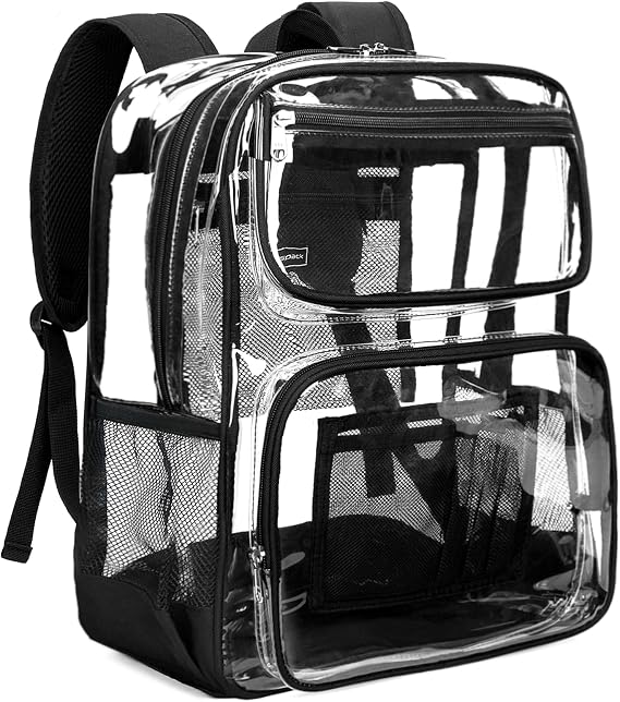 Vorspack Heavy Duty Clear Backpack for School, 16" Clear Bookbag - Black | 17L Large See Through Backpack for Girls Boys, 0.5mm Thicker PVC, Padded Shoulder Straps & Thickened Bottom, for College Work