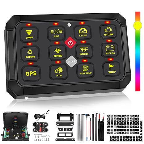 MAYELLO RGB 12 Gang Switch Panel with Memory Function Auto-Dimmable Toggle Momentary Pulsed Multifunction Switch Panel Pod 12-24V Switch Panel Waterproof for Truck Boat UTV,