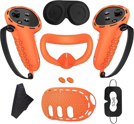 Silicone Set Compatible for Oculus Quest3 Accessories VR Face Pad,VR Shell,Touch Controller Grips,Protective Lens Shield,Disposable Eye PadsOrange