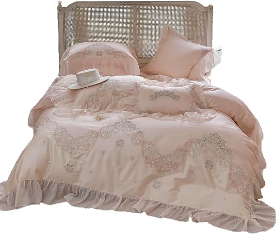 Queen Comforter Set, French Luxury Classy Lace Four-Piece Set Long-Staple Cotton Bedding(A,Queen Size)