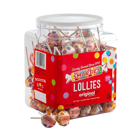Smarties Lollies - Gluten Free, Peanut Free, Fat Free Assorted Fruity Flavors Lollipops - Low Calorie Perfect for Birthdays, Parties - Made by US Candy Company Since 1949 - 34 oz 120 Count (Pack of 1)