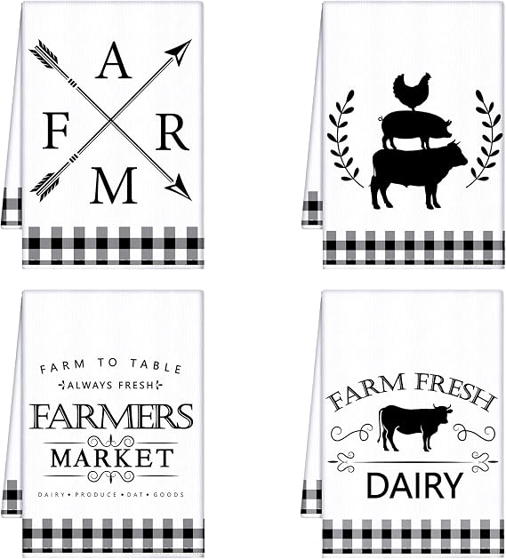 Geyoga 4 Pcs Farm Kitchen Towels White Black Buffalo Plaid, 16x24 Inch