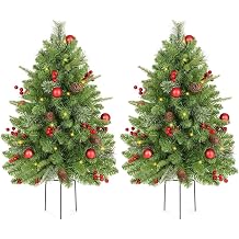 KING BIRD 2 Set 30 Inch Outdoor Christmas Tree, Pre-Lit LED Christmas Porch Decorations Outdoor Tree, 260 Branch Tips Lush, Pine Cones, Red Berries and Red Ball