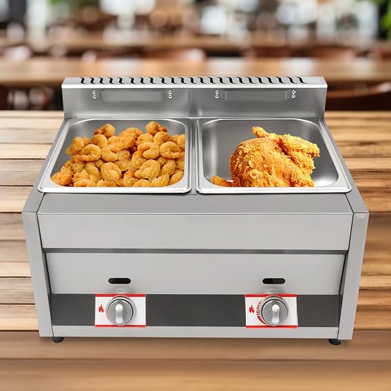 Commercial Gas Fryer Propane LPG Gas Deep Fryer 2 Burners Commercial Countertop Deep Gas Fryer Stainless Steel 26L (B)