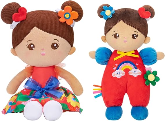 OUOZZZ 10 Soft Baby Doll for Girls & 12.6" Plush Rag Dolls Red Floral Dress Toy - My First Baby Doll Birthday Gifts for Toddlers Kids Infants