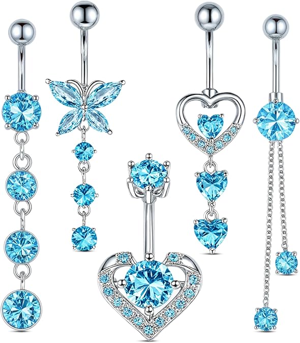 Belly Button Bars Stainless Steel 14G Dangly Navel Piercing Jewelry Set | Belly Bar, Silver Gold Blue Pink, Flower Butterfly Heart Design, Women Girls Body Jewelry, 14G Navel Bars, Dangly Belly Rings