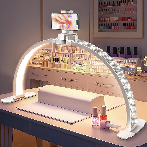 Nail Half Moon Light: Arch Rhinestone LED 29in Moonlight with Phone Holder Stand 3 Light Colors /10 Brightness Levels - Professional Nail Salon Esthetician Media Tech(Diamond,Large)
