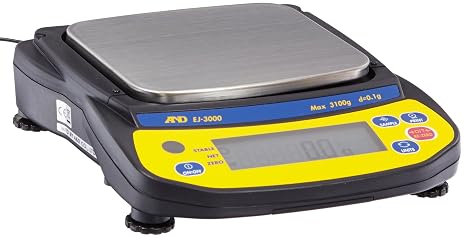 A&D Engineering EJ-3000 Newton Compact Electronic Toploading Balance with LCD Display, 127mm x 140mm Pan, +/-0.2g Linearity, 3100g Capacity, 0.1g Readability