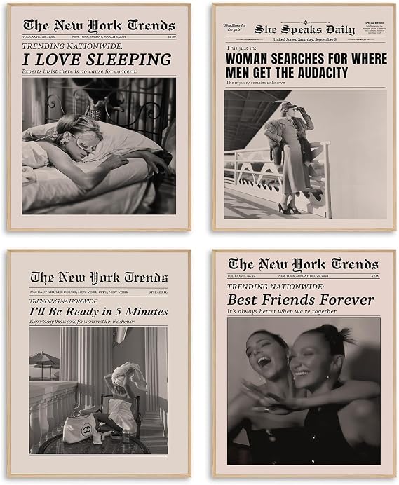 KBKBART 4pcs Trendy Black & White Newspaper Wall Art Prints 8x10In Unframed
