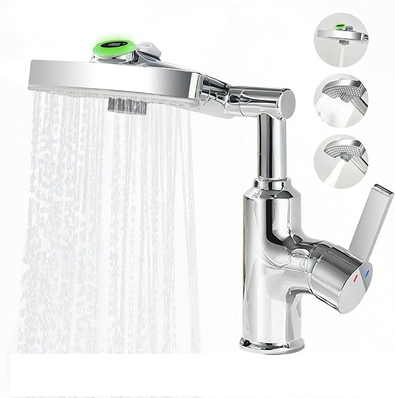 Rotatable Rain Faucet, Single Hole 360 Rotatable Bathroom Faucet, Single Handle Modern Bathroom Sink Faucet with LED Temperature Display(No Batteries) in Fahrenheit, 3 Water Modes-Chrome