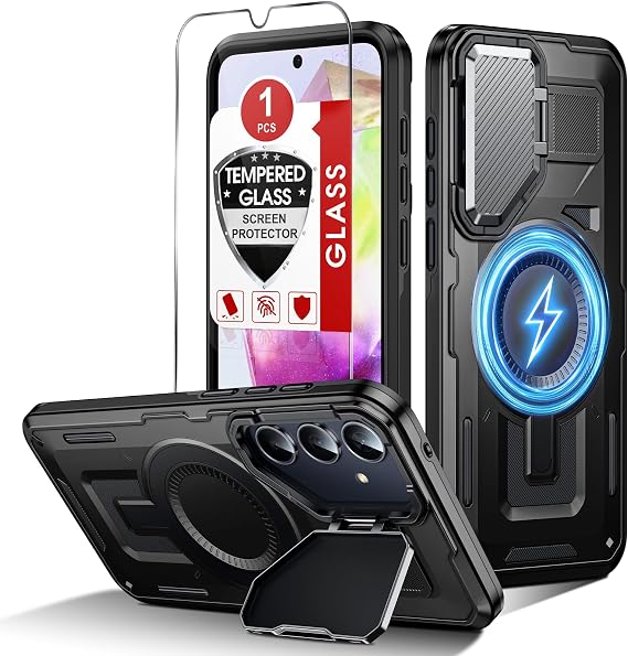 LeYi for Galaxy A35-5G Phone Case: Samsung A35-5G Case with Tempered Glass Screen Protector, Compatible with MagSafe Military-Grade Heavy Duty Rugged Cover with Camera Cover Stand for A 35 6.6", Black
