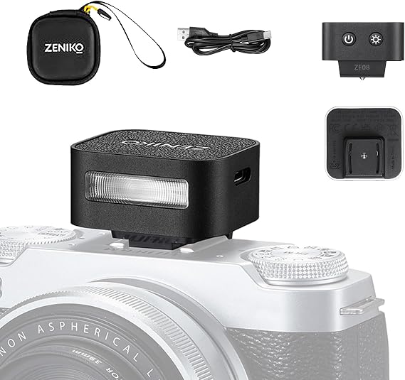 Zeniko ZF08 Aluminum Mini Camera Flash Speedlite, 3s Recycle Tim | 440 Full Power Flashes,CCT 6500K200K,Type-CCharge,for Sony ZV1/ZVE10 Canon Fuji Nikon Panasonic Olympus Pentax etc.(Black)
