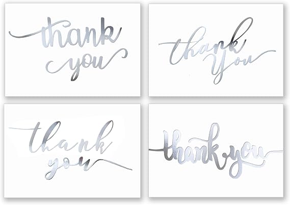 100 Thank You Cards in White with Envelopes & Stickers - Elegant 4 Designs Bulk Notes Embossed with Silver Foil Letters for Wedding, Formal, Business, Graduation, 4x6 Inch Thick Card Stock