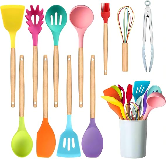 Kitchen Cooking Utensils Set,12 Pcs Silicone Cooking Utensils Set,Wooden Handle Silicone Kitchen Gadgets Utensil Set (Colorful), Cooking Spoons for Nonstick Cookware