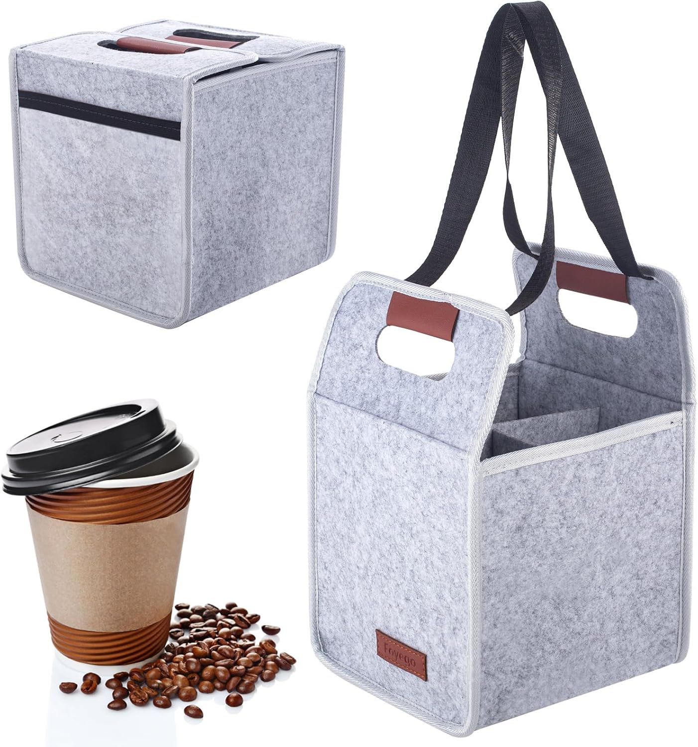 Foyego Portable Drink Holder - Foldable Travel Carrier with Reusable Insulated Coffee Cup, 2 Cup Holder, Free Your Hands