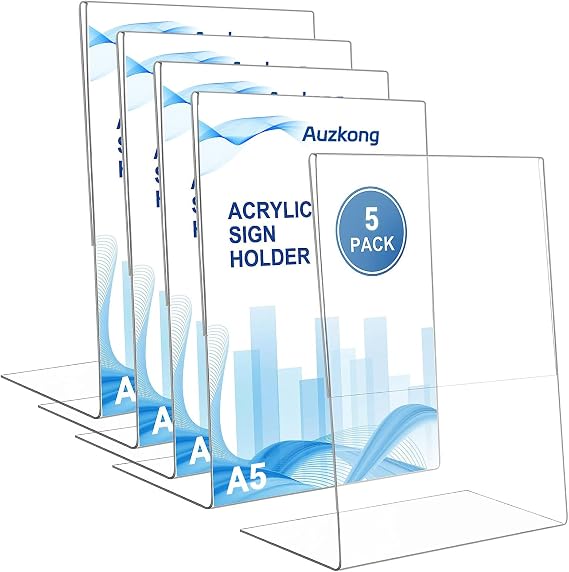 A5 Sign Holders, Acrylic Slant Sign Holders, Clear Plastic Display Stand, Acrylic Paper Signs Holder Photo Frame for Restaurants Hotels Menu Stores Office (A5-5 Pack)