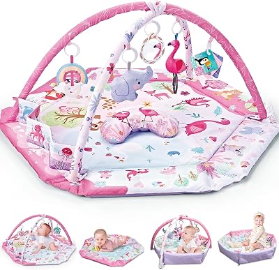 7-in-1 Large Activity Mat for Babies 0-6 Months Tummy Time Mat Play Mat, 5 Tummy TimeToys, 18 Ocean Toys, and 1 Tummy Time Pillow, Baby Activity Mat Easy to Install & Clean, Baby Gift