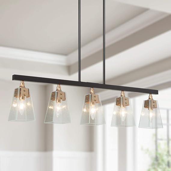 KSANA Gold Chandelier, 5-Light Modern Farmhouse Chandelier for Dining Room, Kitchen Island with Seeded Glass Shades, 34"
