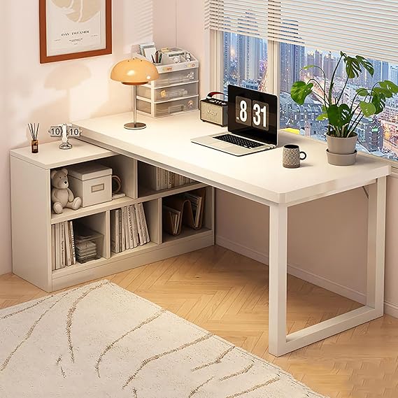 L-Shaped Computer Desk with Storage,Corner Desk with 2-Tier Storage Shelves,Reversible Home Office Desk,Modern Wood PC Table,Large Study Writing Table for Small Space