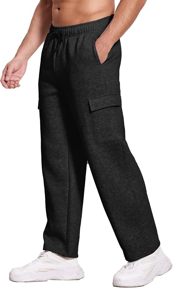 Deyeek Mens Fleece Cargo Sweatpants Open Bottom Sweat Pants for Men Loose Fit Joggers Sweatpants Lounge Pants with Pockets