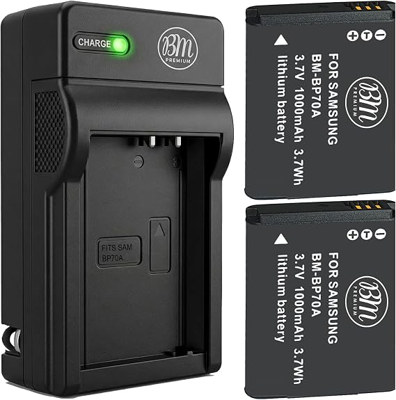 BM Premium 2 BP-70A Batteries and Charger for Samsung ES65, ES70, ES80 | MV800, PL120, PL170, PL200, SL50, SL600, SL605, SL630, ST76, ST80, ST90, ST95, ST100, ST150F, ST700, TL205, WB30F WB35F WB50F